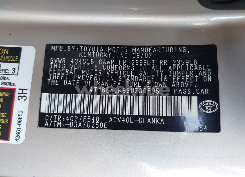 Photo 9 of 2008 Toyota Camry (VIN 4T1BE46K98U730595)