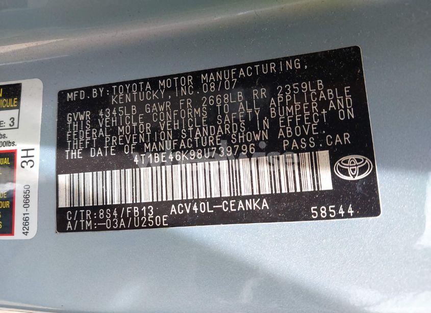 Photo 9 of 2008 Toyota Camry LE (VIN 4T1BE46K98U739796)