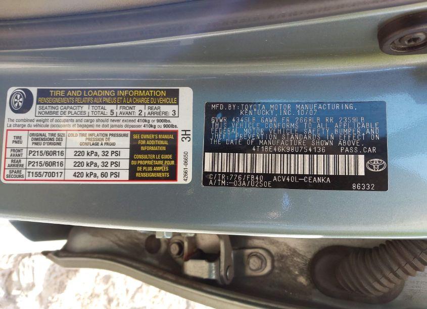 Photo 9 of 2008 Toyota Camry LE (VIN 4T1BE46K98U754136)