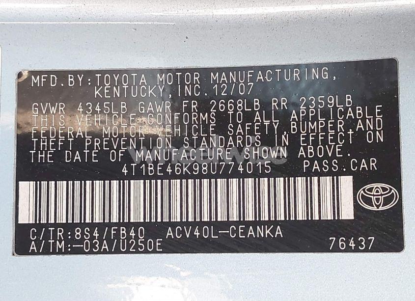 Photo 9 of 2008 Toyota Camry LE (VIN 4T1BE46K98U774015)