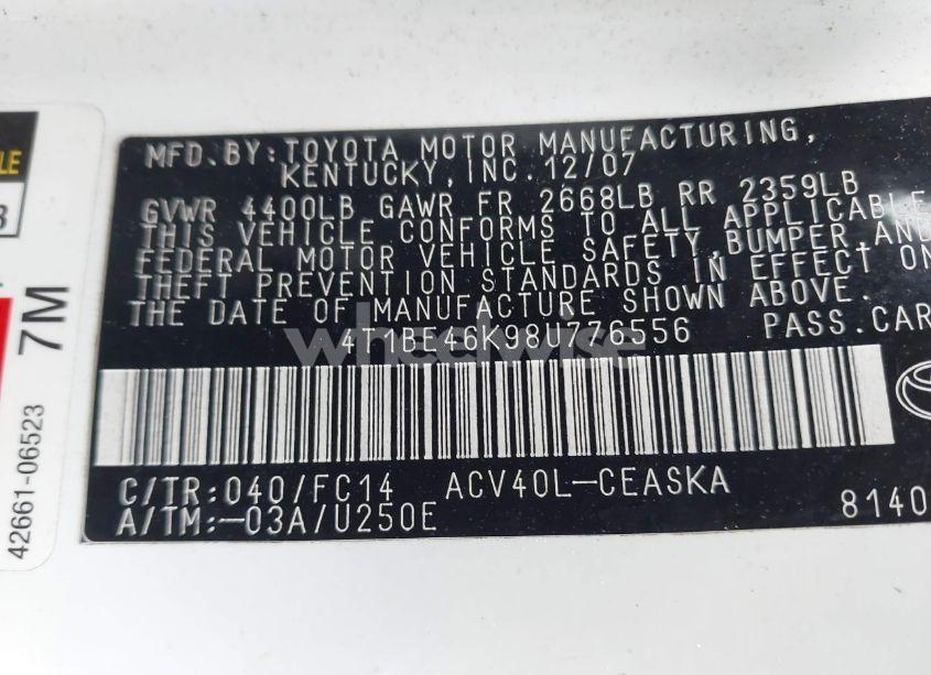 Photo 9 of 2008 Toyota Camry SE (VIN 4T1BE46K98U776556)