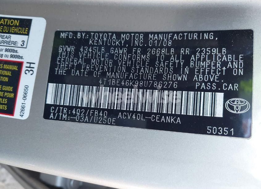 Photo 9 of 2008 Toyota Camry LE (VIN 4T1BE46K98U786276)