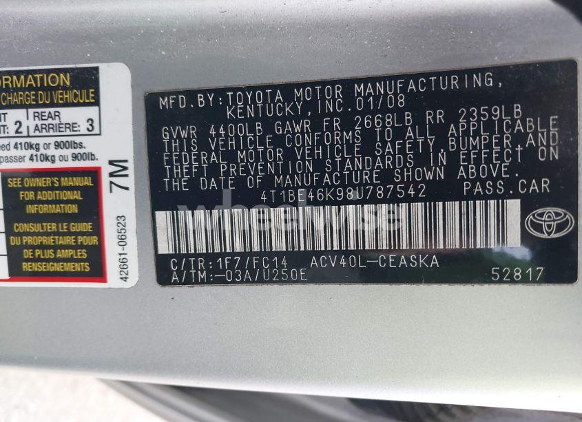 Photo 9 of 2008 Toyota Camry SE (VIN 4T1BE46K98U787542)