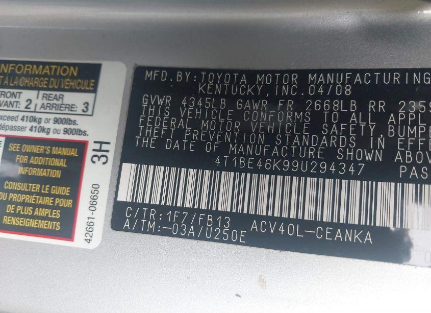 Photo 9 of 2009 Toyota Camry LE (VIN 4T1BE46K99U294347)