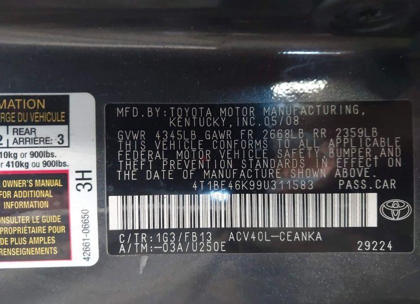 Photo 9 of 2009 Toyota Camry LE (VIN 4T1BE46K99U311583)