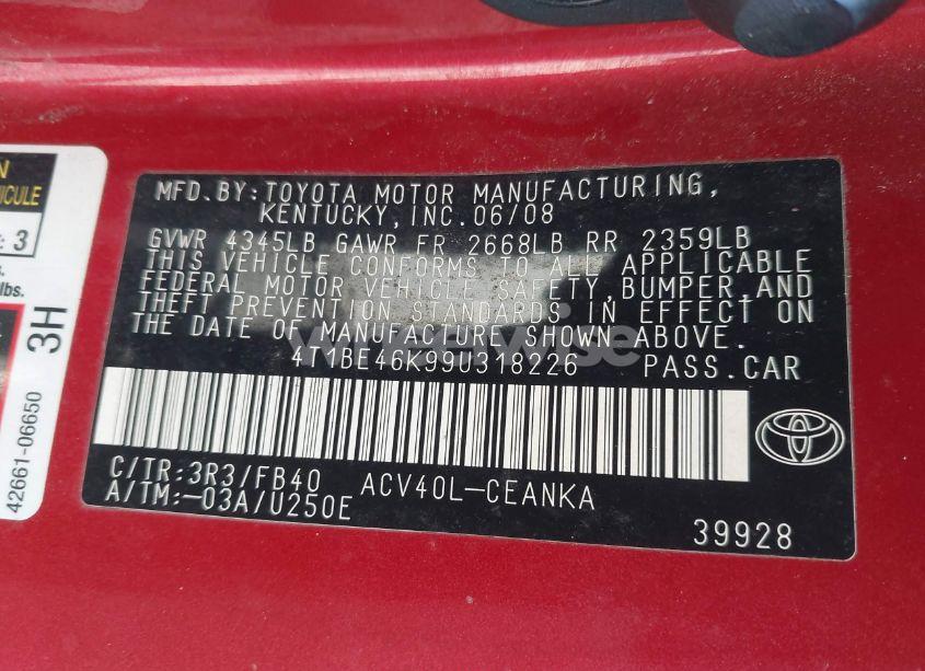 Photo 9 of 2009 Toyota Camry LE (VIN 4T1BE46K99U318226)