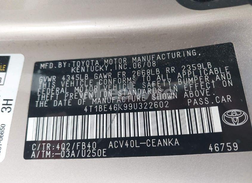 Photo 9 of 2009 Toyota Camry (VIN 4T1BE46K99U322602)