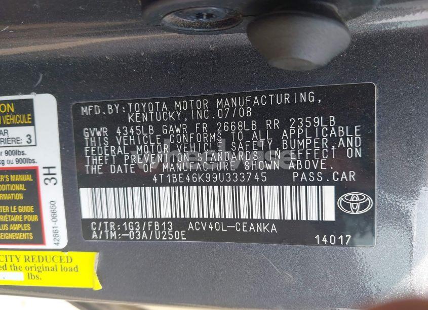 Photo 9 of 2009 Toyota Camry LE (VIN 4T1BE46K99U333745)