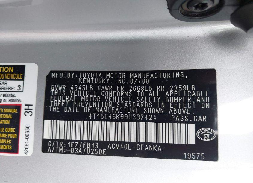 Photo 9 of 2009 Toyota Camry LE (VIN 4T1BE46K99U337424)