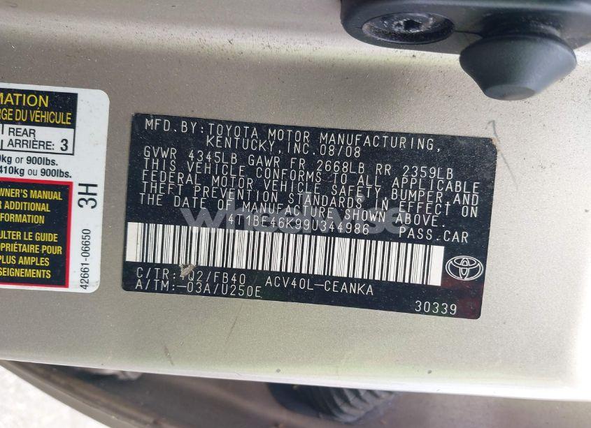 Photo 9 of 2009 Toyota Camry LE (VIN 4T1BE46K99U344986)