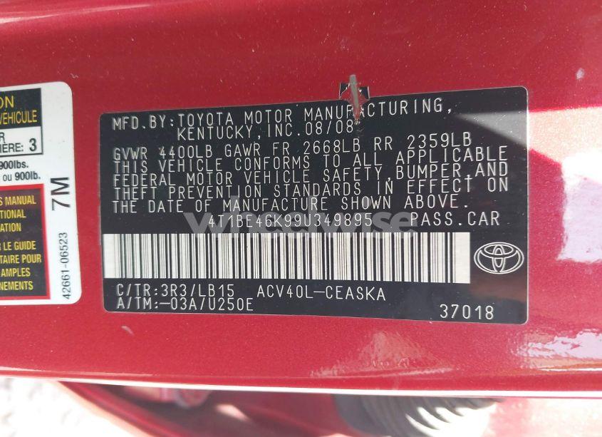 Photo 9 of 2009 Toyota Camry SE (VIN 4T1BE46K99U349895)