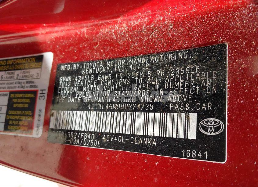 Photo 9 of 2009 Toyota Camry LE (VIN 4T1BE46K99U371735)