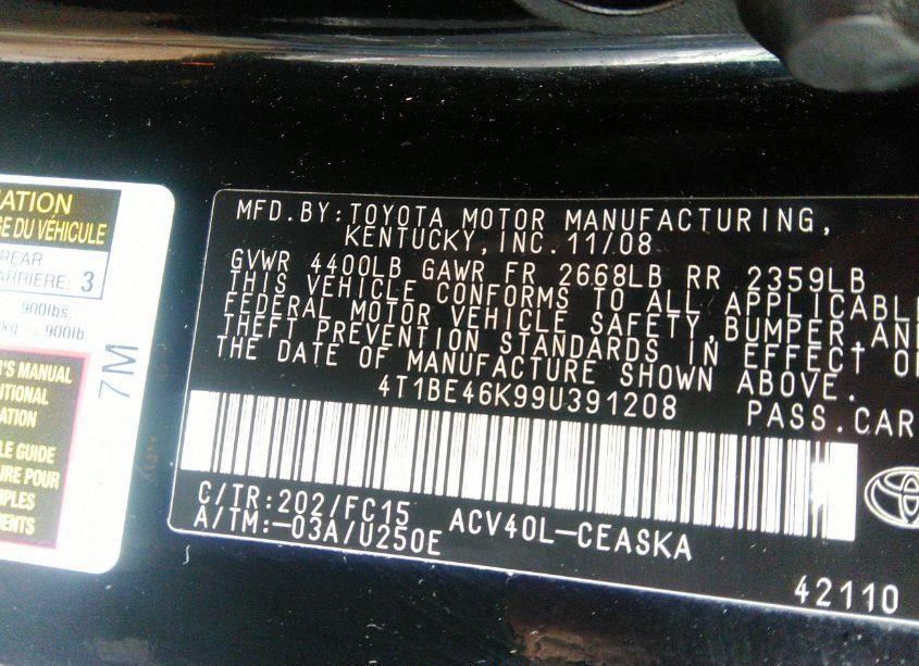 Photo 9 of 2009 Toyota Camry XLE/SE/LE (VIN 4T1BE46K99U391208)