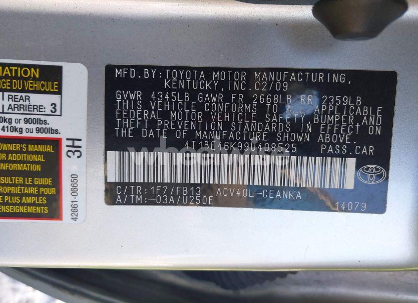 Photo 9 of 2009 Toyota Camry LE (VIN 4T1BE46K99U408525)