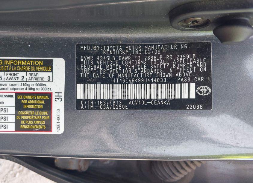 Photo 9 of 2009 Toyota Camry SE/LE/XLE (VIN 4T1BE46K99U414633)