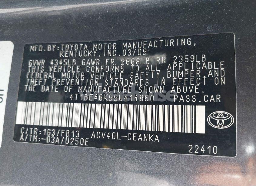 Photo 9 of 2009 Toyota Camry LE (VIN 4T1BE46K99U414860)