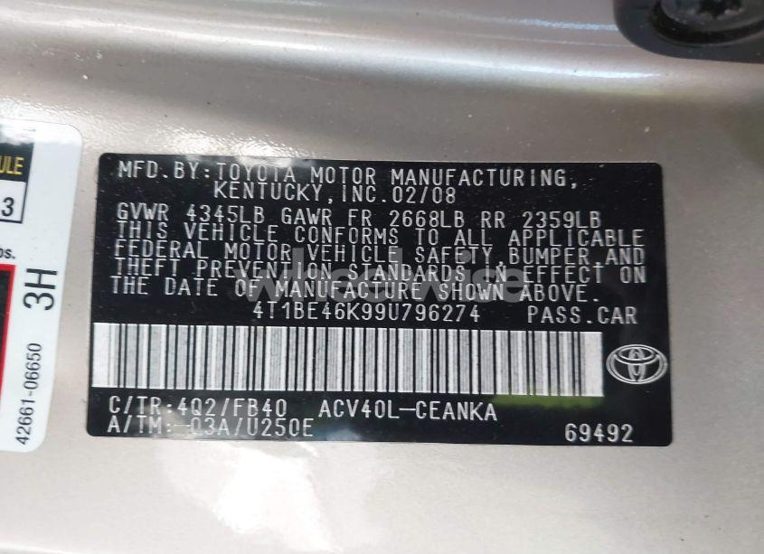 Photo 9 of 2009 Toyota Camry LE (VIN 4T1BE46K99U796274)