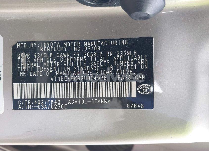 Photo 9 of 2009 Toyota Camry LE (VIN 4T1BE46K99U834926)