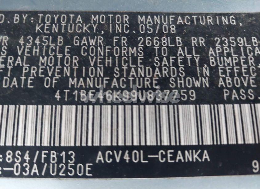Photo 9 of 2009 Toyota Camry LE (VIN 4T1BE46K99U837759)