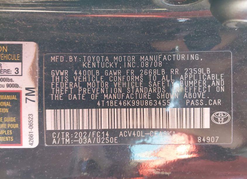 Photo 9 of 2009 Toyota Camry SE (VIN 4T1BE46K99U863455)