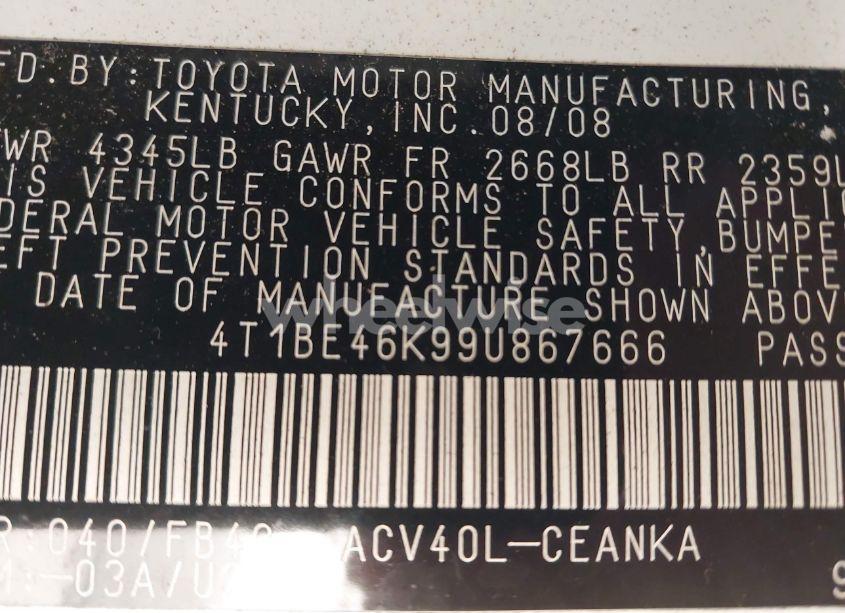 Photo 9 of 2009 Toyota Camry LE (VIN 4T1BE46K99U867666)