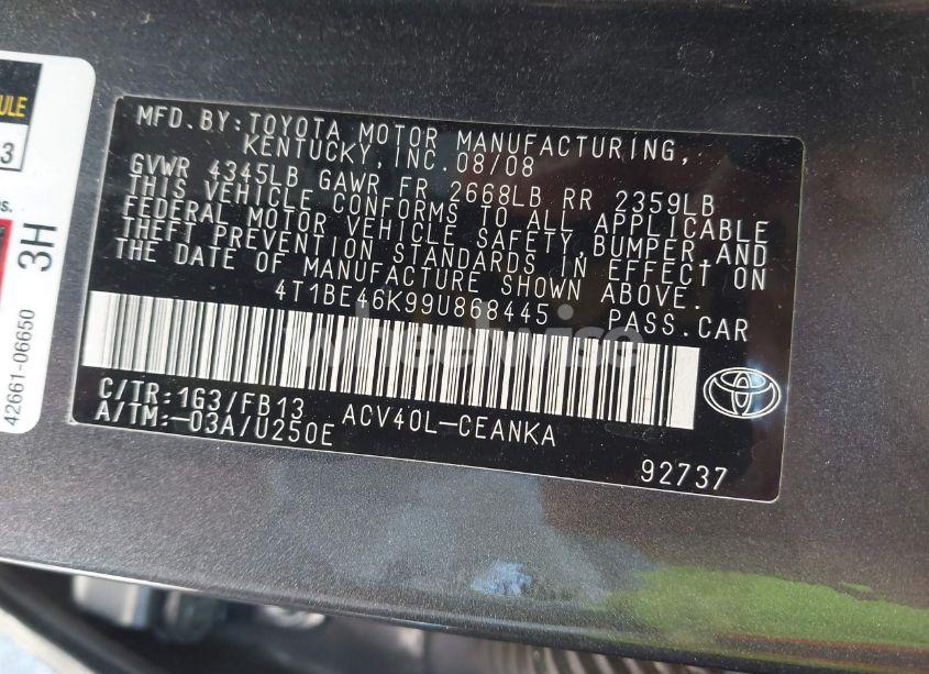 Photo 9 of 2009 Toyota Camry LE (VIN 4T1BE46K99U868445)