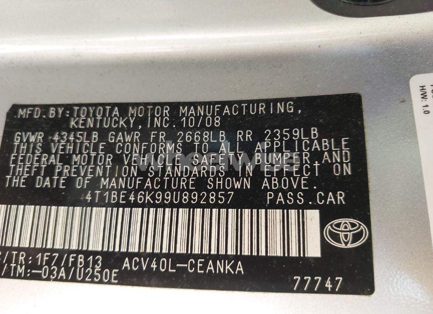 Photo 9 of 2009 Toyota Camry LE (VIN 4T1BE46K99U892857)
