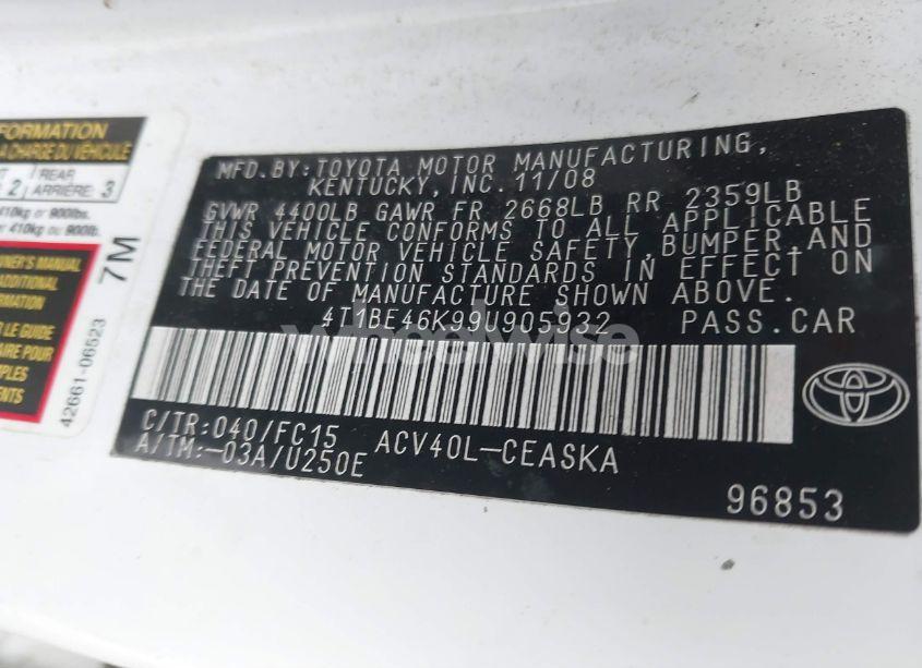 Photo 9 of 2009 Toyota Camry SE (VIN 4T1BE46K99U905932)