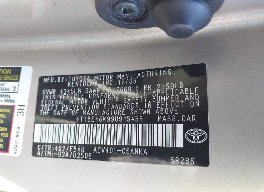 Photo 9 of 2009 Toyota Camry LE (VIN 4T1BE46K99U915456)