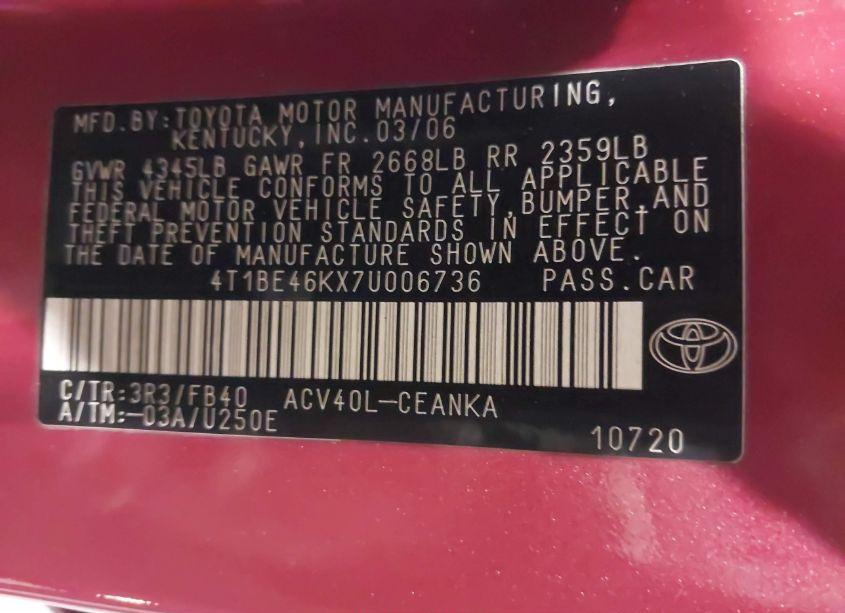 Photo 9 of 2007 Toyota Camry LE (VIN 4T1BE46KX7U006736)