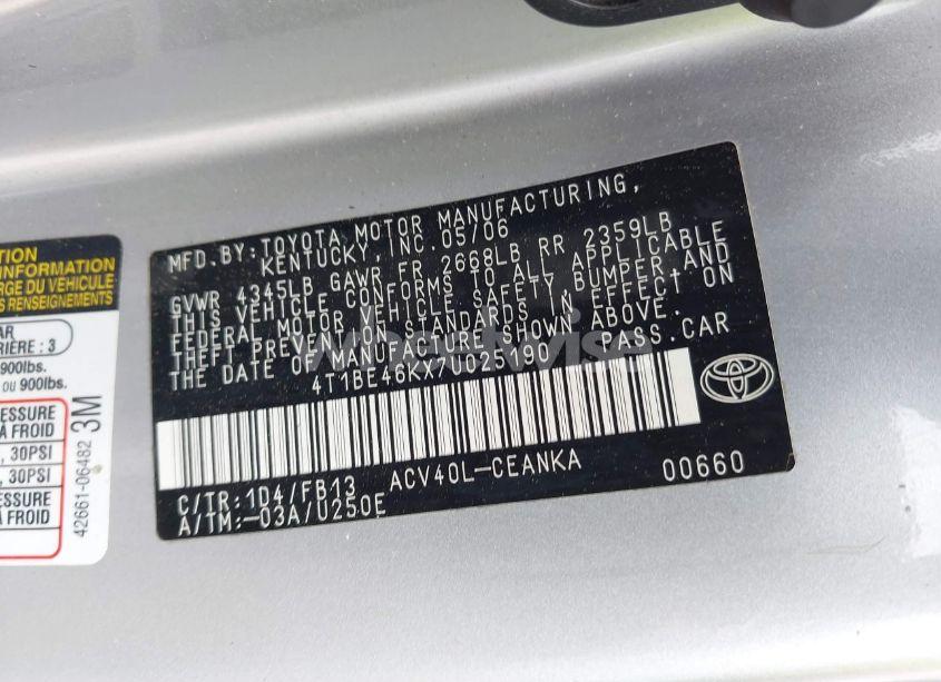 Photo 9 of 2007 Toyota Camry LE (VIN 4T1BE46KX7U025190)