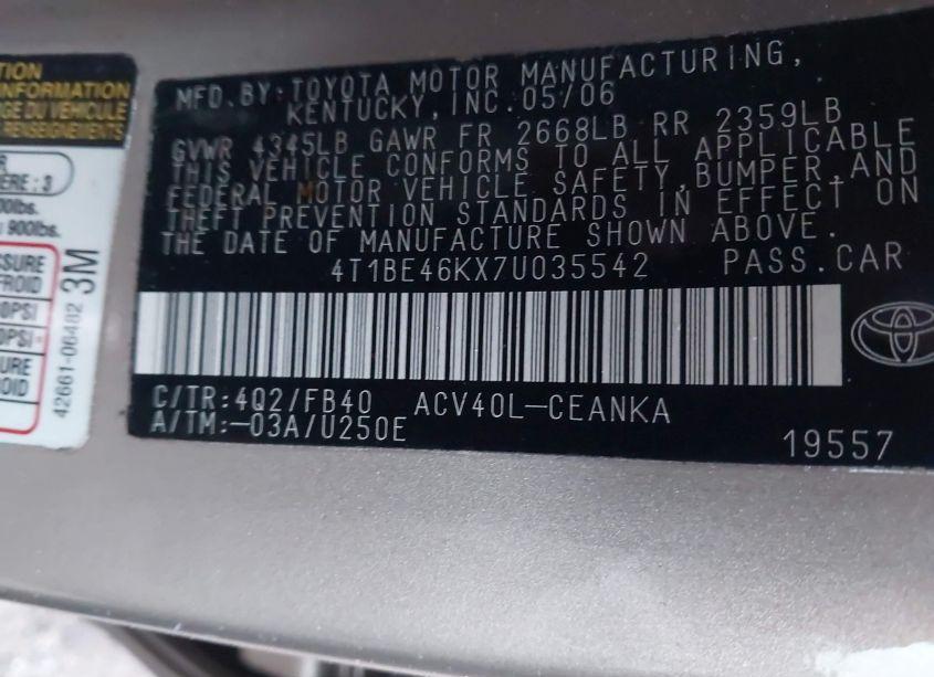 Photo 9 of 2007 Toyota Camry LE (VIN 4T1BE46KX7U035542)