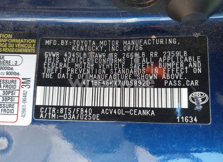 Photo 9 of 2007 Toyota Camry LE (VIN 4T1BE46KX7U058920)