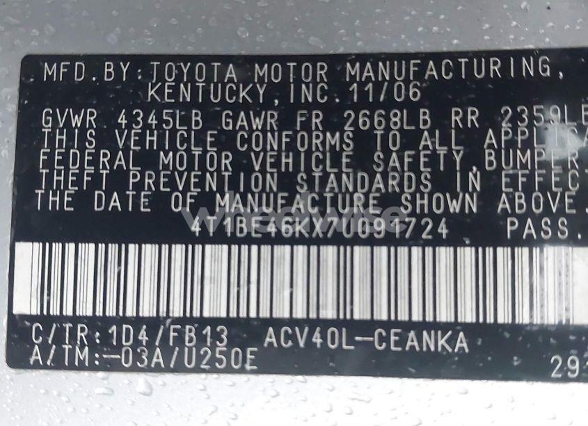 Photo 9 of 2007 Toyota Camry LE (VIN 4T1BE46KX7U091724)