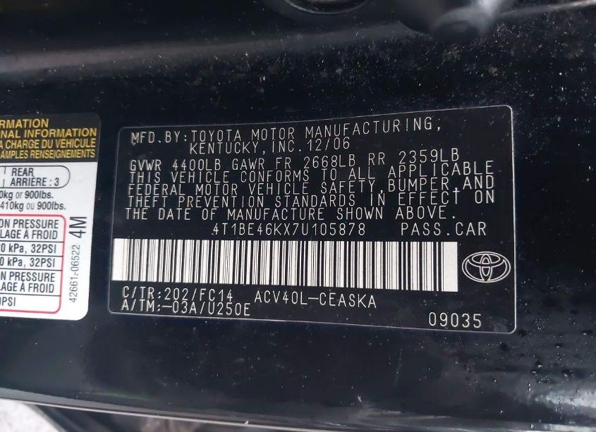 Photo 9 of 2007 Toyota Camry SE (VIN 4T1BE46KX7U105878)