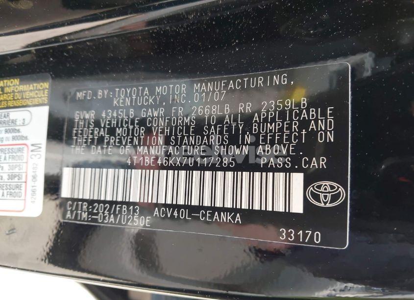 Photo 9 of 2007 Toyota Camry LE (VIN 4T1BE46KX7U117285)