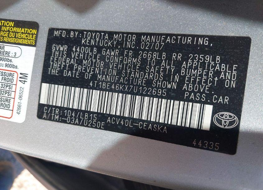 Photo 9 of 2007 Toyota Camry SE (VIN 4T1BE46KX7U122695)