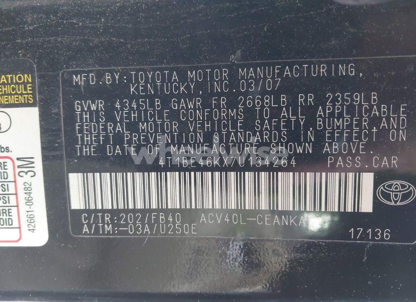 Photo 9 of 2007 Toyota Camry LE (VIN 4T1BE46KX7U134264)