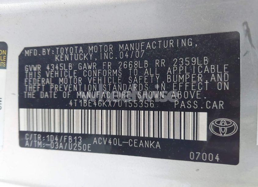 Photo 9 of 2007 Toyota Camry LE (VIN 4T1BE46KX7U155356)