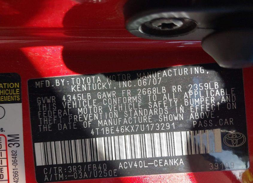 Photo 9 of 2007 Toyota Camry LE (VIN 4T1BE46KX7U173291)