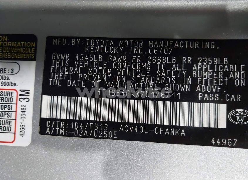 Photo 9 of 2007 Toyota Camry LE (VIN 4T1BE46KX7U176711)