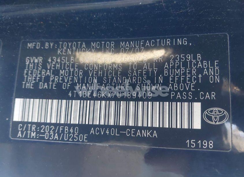 Photo 9 of 2007 Toyota Camry LE (VIN 4T1BE46KX7U189409)