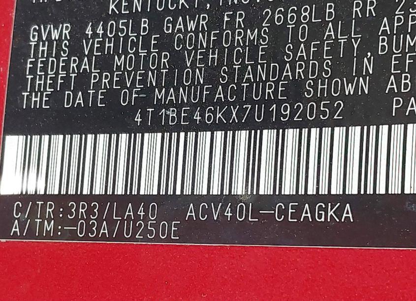 Photo 9 of 2007 Toyota Camry XLE (VIN 4T1BE46KX7U192052)