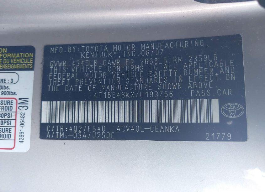 Photo 9 of 2007 Toyota Camry LE (VIN 4T1BE46KX7U193766)