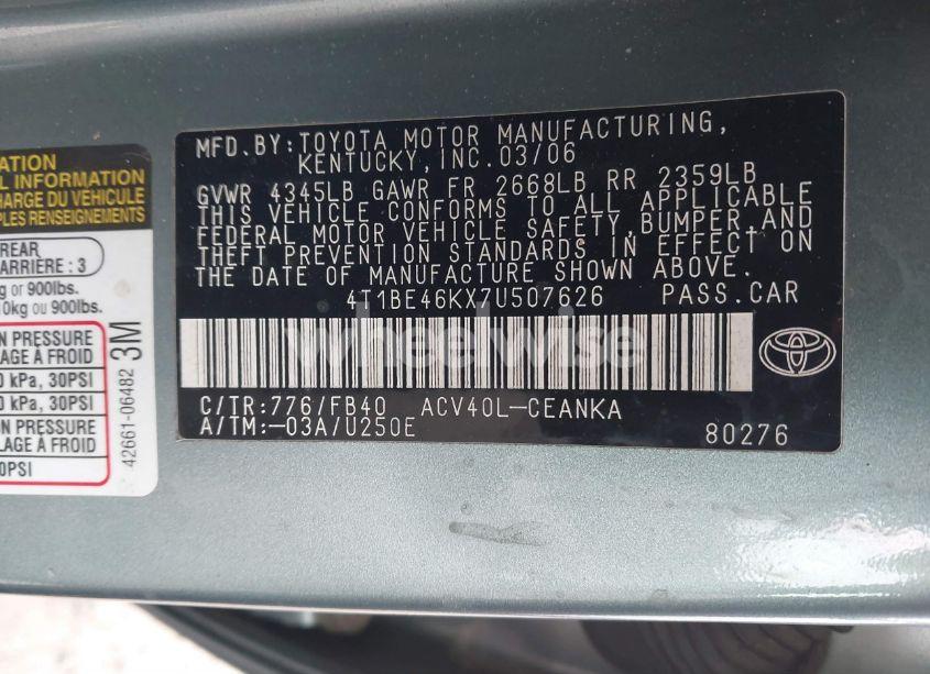 Photo 9 of 2007 Toyota Camry LE (VIN 4T1BE46KX7U507626)