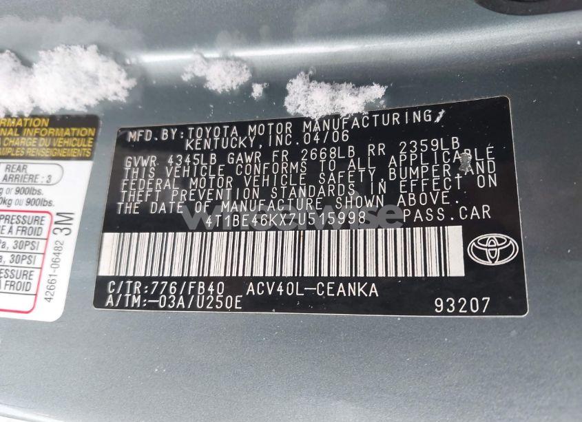 Photo 9 of 2007 Toyota Camry LE (VIN 4T1BE46KX7U515998)