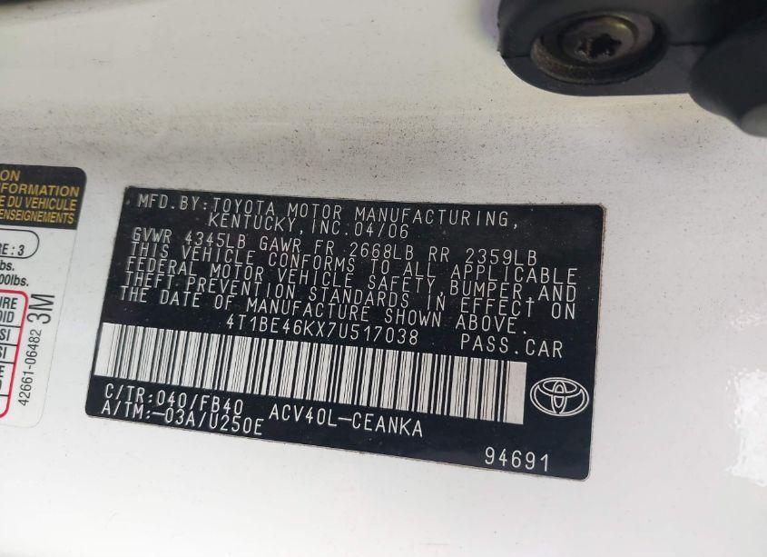 Photo 9 of 2007 Toyota Camry LE (VIN 4T1BE46KX7U517038)