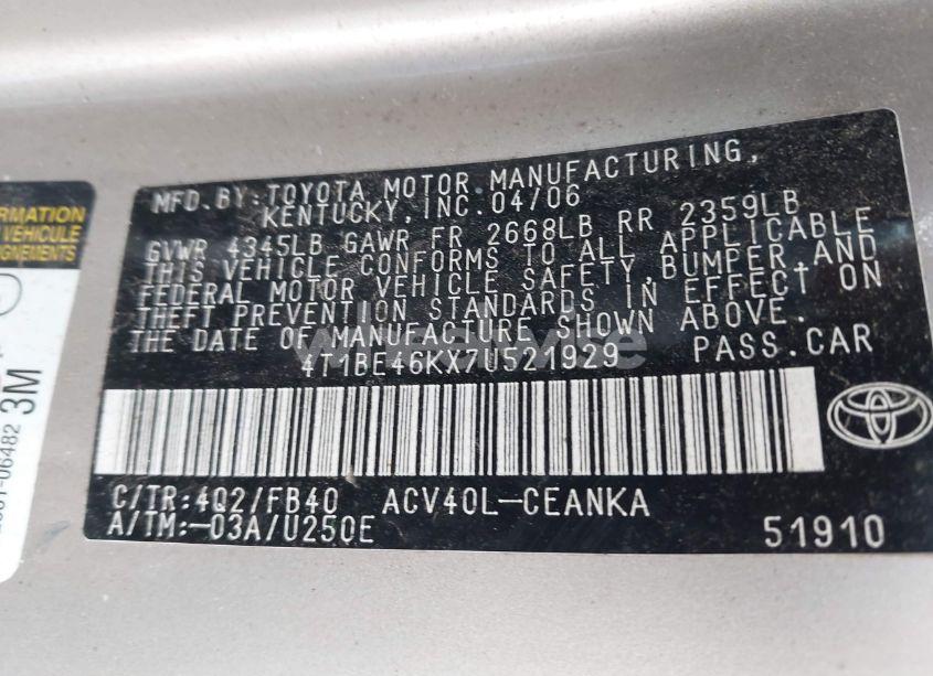 Photo 9 of 2007 Toyota Camry LE (VIN 4T1BE46KX7U521929)