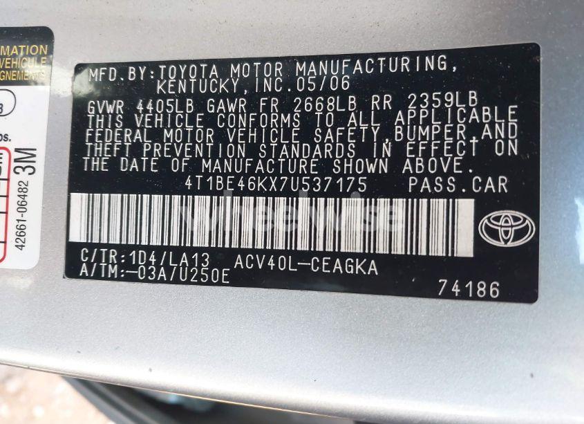 Photo 9 of 2007 Toyota Camry XLE (VIN 4T1BE46KX7U537175)