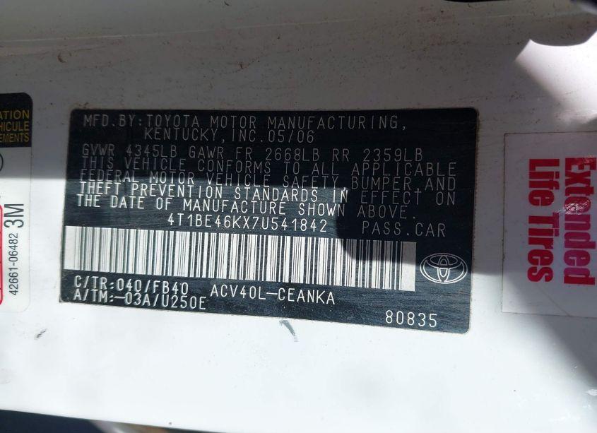 Photo 9 of 2007 Toyota Camry LE (VIN 4T1BE46KX7U541842)